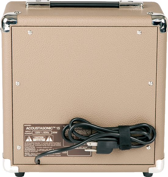 The image shows the back panel of an Acoustasonic 15 acoustic guitar amplifier. It features a tan/beige textured exterior, chrome corner protectors, and a carrying handle. The panel includes power and input/output connections. Compact and portable, this amp is designed to provide clean, natural amplification for acoustic guitars, making it ideal for practice, small gigs, or recording.