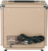 The image shows the back panel of an Acoustasonic 15 acoustic guitar amplifier. It features a tan/beige textured exterior, chrome corner protectors, and a carrying handle. The panel includes power and input/output connections. Compact and portable, this amp is designed to provide clean, natural amplification for acoustic guitars, making it ideal for practice, small gigs, or recording.