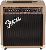 The image shows a Fender Acoustasonic 15 amplifier, a compact tan/brown practice amp designed for acoustic guitars. It features two input channels, individual volume controls, built-in EQ (Bass, Middle, Treble), a chorus effect, headphone output, and a metal handle. The black grille displays the Fender logo. With 15 watts, it's ideal for small venues, practice, and home use, enhancing acoustic tones with classic Fender style.