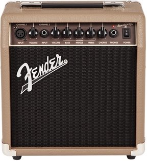 The image shows a Fender Acoustasonic 15 amplifier, a compact tan/brown practice amp designed for acoustic guitars. It features two input channels, individual volume controls, built-in EQ (Bass, Middle, Treble), a chorus effect, headphone output, and a metal handle. The black grille displays the Fender logo. With 15 watts, it's ideal for small venues, practice, and home use, enhancing acoustic tones with classic Fender style.