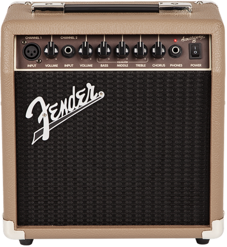 The image shows a Fender Acoustasonic 15 amplifier, a compact tan/brown practice amp designed for acoustic guitars. It features two input channels, individual volume controls, built-in EQ (Bass, Middle, Treble), a chorus effect, headphone output, and a metal handle. The black grille displays the Fender logo. With 15 watts, it's ideal for small venues, practice, and home use, enhancing acoustic tones with classic Fender style.