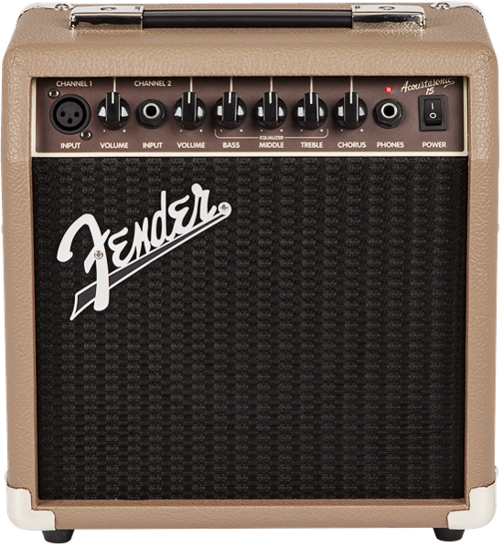 The image shows a Fender Acoustasonic 15 amplifier, a compact tan/brown practice amp designed for acoustic guitars. It features two input channels, individual volume controls, built-in EQ (Bass, Middle, Treble), a chorus effect, headphone output, and a metal handle. The black grille displays the Fender logo. With 15 watts, it's ideal for small venues, practice, and home use, enhancing acoustic tones with classic Fender style.