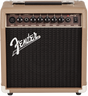 The image shows a Fender Acoustasonic 15 amplifier, a compact tan/brown practice amp designed for acoustic guitars. It features two input channels, individual volume controls, built-in EQ (Bass, Middle, Treble), a chorus effect, headphone output, and a metal handle. The black grille displays the Fender logo. With 15 watts, it's ideal for small venues, practice, and home use, enhancing acoustic tones with classic Fender style.
