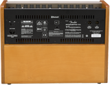 The image shows the back panel of an Orange Acoustic Crush 100 guitar amplifier. It features the signature orange/tan cabinet, black control panel, and model label. Visible are Bluetooth connectivity, multiple inputs/outputs including XLR and audio jacks, power connections, ventilation slots, safety certifications, and a wooden cabinet. This solid-state amp is designed for acoustic guitars and delivers 100 watts, suitable for live use.