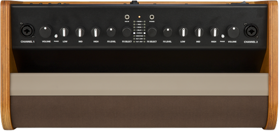 The image shows a guitar amplifier’s control panel with a black faceplate featuring multiple knobs for volume, gain, treble, middle, bass, and effects. It has two input jacks, LED indicators, and wood-grain side panels for a vintage look. A cloth speaker grille is visible below. The design suggests a classic or tube amp, prized by guitarists for its warm, rich tone and essential for shaping electric guitar sound.