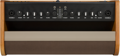 The image shows a guitar amplifier’s control panel with a black faceplate featuring multiple knobs for volume, gain, treble, middle, bass, and effects. It has two input jacks, LED indicators, and wood-grain side panels for a vintage look. A cloth speaker grille is visible below. The design suggests a classic or tube amp, prized by guitarists for its warm, rich tone and essential for shaping electric guitar sound.
