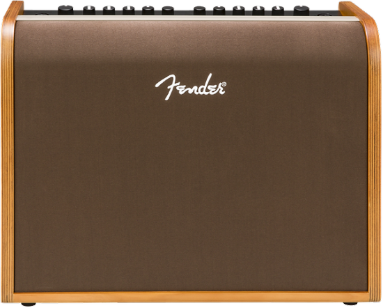 The image shows a Fender acoustic guitar amplifier with a wood-grain finish on the sides and a brown/bronze front grille. The white Fender logo is displayed on the front. Along the top edge are control knobs for volume and EQ. This medium-sized combo amp is designed to amplify acoustic guitars, delivering natural, warm sound, making it suitable for practice, small venues, or recording.