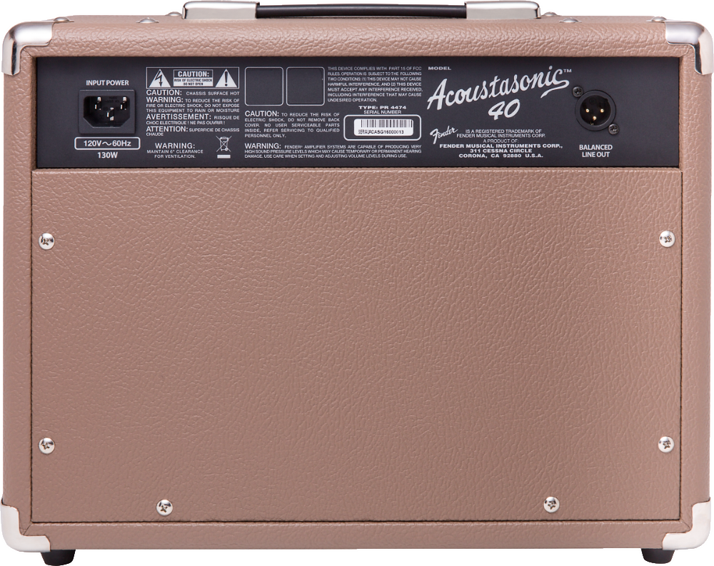 The image shows the back panel of a brown/tan Fender Acoustasonic 40 guitar amplifier with metal corner protectors and a black handle. Visible details include the model name, power specs (120V~60Hz, 130W), XLR and other audio ports, safety labels, Fender manufacturing info, balanced line out, and ventilation. This 40-watt amp is designed for acoustic guitars, ideal for practice and small to medium venues.