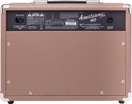 The image shows the back panel of a brown/tan Fender Acoustasonic 40 guitar amplifier with metal corner protectors and a black handle. Visible details include the model name, power specs (120V~60Hz, 130W), XLR and other audio ports, safety labels, Fender manufacturing info, balanced line out, and ventilation. This 40-watt amp is designed for acoustic guitars, ideal for practice and small to medium venues.