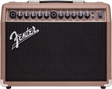The image shows a Fender Acoustasonic guitar amplifier with a brown/tan vintage-style casing and black speaker grille featuring the white Fender logo. It has a portable design with a top handle and metal corner protectors. The control panel includes dual channels, each with input jack, volume, bass, mid, treble, and reverb controls, plus a shared headphone output and power switch with indicator light.