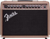 The image shows a Fender Acoustasonic guitar amplifier with a brown/tan vintage-style casing and black speaker grille featuring the white Fender logo. It has a portable design with a top handle and metal corner protectors. The control panel includes dual channels, each with input jack, volume, bass, mid, treble, and reverb controls, plus a shared headphone output and power switch with indicator light.