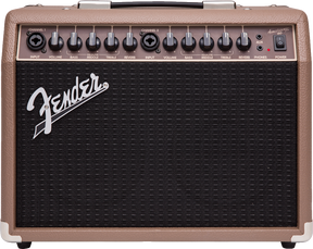 The image shows a Fender Acoustasonic guitar amplifier with a brown/tan vintage-style casing and black speaker grille featuring the white Fender logo. It has a portable design with a top handle and metal corner protectors. The control panel includes dual channels, each with input jack, volume, bass, mid, treble, and reverb controls, plus a shared headphone output and power switch with indicator light.