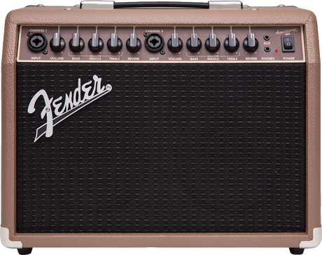 The image shows a Fender Acoustasonic guitar amplifier with a brown/tan vintage-style casing and black speaker grille featuring the white Fender logo. It has a portable design with a top handle and metal corner protectors. The control panel includes dual channels, each with input jack, volume, bass, mid, treble, and reverb controls, plus a shared headphone output and power switch with indicator light.