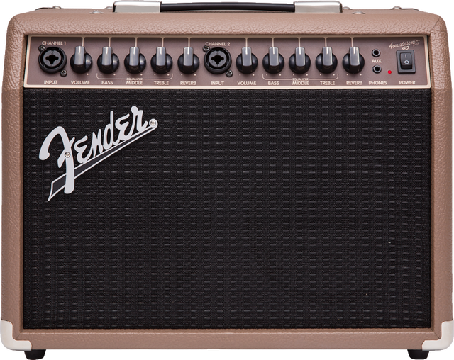 The image shows a Fender Acoustasonic guitar amplifier with a brown/tan vintage-style casing and black speaker grille featuring the white Fender logo. It has a portable design with a top handle and metal corner protectors. The control panel includes dual channels, each with input jack, volume, bass, mid, treble, and reverb controls, plus a shared headphone output and power switch with indicator light.