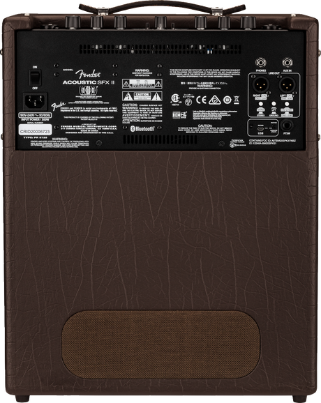 The image shows a Fender Acoustic SFX II amplifier designed for acoustic instruments. It has a brown textured finish, a built-in speaker, a sturdy top handle, and multiple control knobs. Features include Bluetooth, USB, XLR and line outputs, various audio controls, effects processing, and around 100W power. Ideal for acoustic guitarists and singer-songwriters in small venues, it offers clean, natural amplification with modern connectivity.