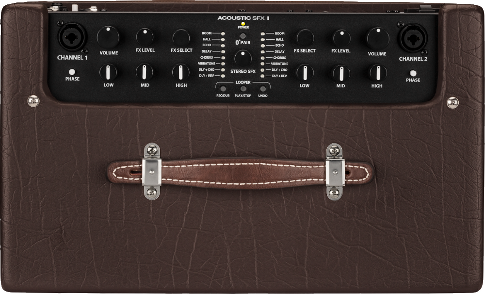 The image shows an Acoustic SFX II guitar amplifier with dual channels, each featuring 3-band EQ, volume, FX level, phase switches, and FX select. It includes built-in effects like Room, Hall, Echo, Delay, Chorus, Vibratone, stereo SFX processing, and a looper with record/play/stop/undo controls. The amp has XLR and 1/4" inputs, a brown textured leather-like finish, and a carrying handle for portability, designed for acoustic instruments.
