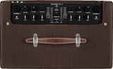 The image shows an Acoustic SFX II guitar amplifier with dual channels, each featuring 3-band EQ, volume, FX level, phase switches, and FX select. It includes built-in effects like Room, Hall, Echo, Delay, Chorus, Vibratone, stereo SFX processing, and a looper with record/play/stop/undo controls. The amp has XLR and 1/4" inputs, a brown textured leather-like finish, and a carrying handle for portability, designed for acoustic instruments.