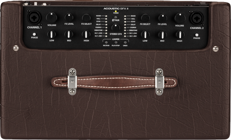 The image shows an Acoustic SFX II guitar amplifier with dual channels, each featuring 3-band EQ, volume, FX level, phase switches, and FX select. It includes built-in effects like Room, Hall, Echo, Delay, Chorus, Vibratone, stereo SFX processing, and a looper with record/play/stop/undo controls. The amp has XLR and 1/4" inputs, a brown textured leather-like finish, and a carrying handle for portability, designed for acoustic instruments.