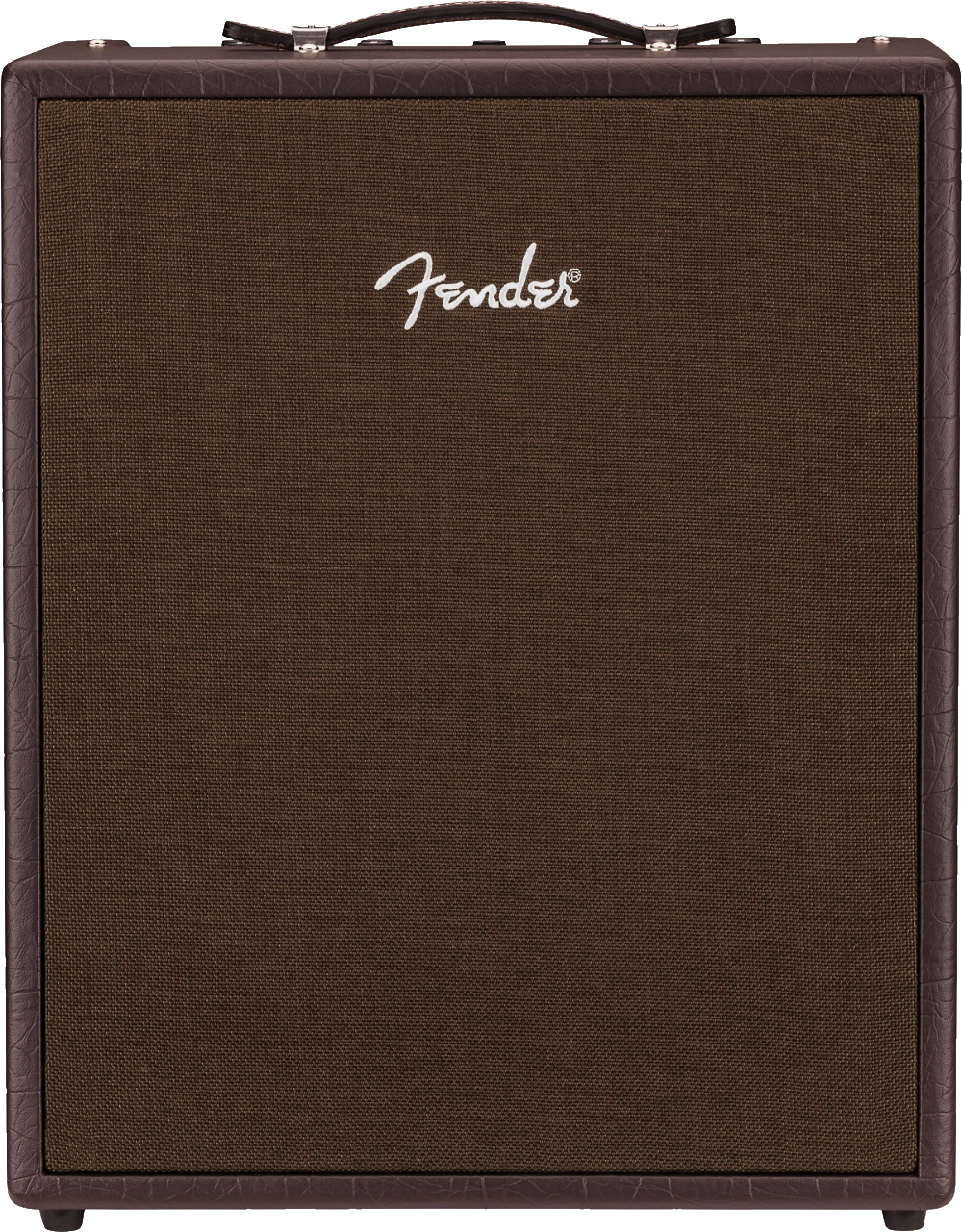 The image shows a Fender guitar amplifier with a classic brown cabinet and textured grille cloth. The white Fender logo is prominently displayed on the front. It features a leather-like handle on top and corner protectors, giving it a vintage look. This amp is essential for electric guitarists, known for amplifying and shaping sound. Fender is a trusted brand used by many professional musicians across genres.