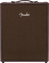 The image shows a Fender guitar amplifier with a classic brown cabinet and textured grille cloth. The white Fender logo is prominently displayed on the front. It features a leather-like handle on top and corner protectors, giving it a vintage look. This amp is essential for electric guitarists, known for amplifying and shaping sound. Fender is a trusted brand used by many professional musicians across genres.