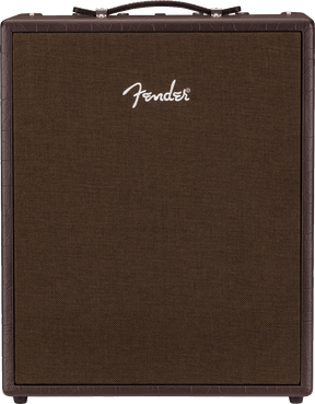 The image shows a Fender guitar amplifier with a classic brown cabinet and textured grille cloth. The white Fender logo is prominently displayed on the front. It features a leather-like handle on top and corner protectors, giving it a vintage look. This amp is essential for electric guitarists, known for amplifying and shaping sound. Fender is a trusted brand used by many professional musicians across genres.