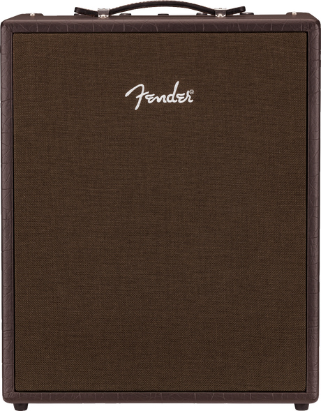 The image shows a Fender guitar amplifier with a classic brown cabinet and textured grille cloth. The white Fender logo is prominently displayed on the front. It features a leather-like handle on top and corner protectors, giving it a vintage look. This amp is essential for electric guitarists, known for amplifying and shaping sound. Fender is a trusted brand used by many professional musicians across genres.