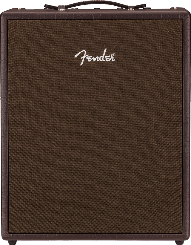 The image shows a Fender guitar amplifier with a classic brown cabinet and textured grille cloth. The white Fender logo is prominently displayed on the front. It features a leather-like handle on top and corner protectors, giving it a vintage look. This amp is essential for electric guitarists, known for amplifying and shaping sound. Fender is a trusted brand used by many professional musicians across genres.