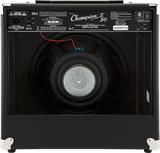 The image shows the back panel of a Fender Champion II 50 guitar amplifier with a black tolex finish and metal corner protectors. It features an open-back 12-inch speaker cabinet, power rating of 100-120V, 50/60Hz, 110W, and various safety labels. Red and blue speaker wiring is visible. Made in Thailand, this 50-watt amp offers mid-level volume and projection with a spacious, ambient sound ideal for practice and small performances.