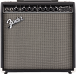 The image shows a Fender Champion 50 guitar combo amplifier with a black tolex exterior and silver grille cloth. The control panel features input and footswitch jacks, knobs for Volume, Gain, Voice, Treble, Bass, Modify, FX Select, Tap, auxiliary input, headphone output, and a power switch. This versatile 50-watt amp offers multiple voicings and built-in effects, ideal for practice and small performances.