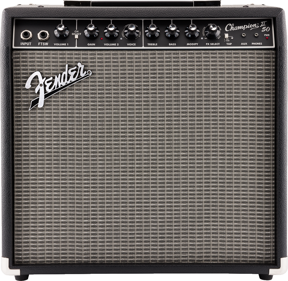 The image shows a Fender Champion 50 guitar combo amplifier with a black tolex exterior and silver grille cloth. The control panel features input and footswitch jacks, knobs for Volume, Gain, Voice, Treble, Bass, Modify, FX Select, Tap, auxiliary input, headphone output, and a power switch. This versatile 50-watt amp offers multiple voicings and built-in effects, ideal for practice and small performances.