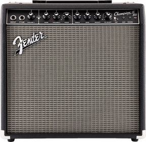 The image shows a Fender Champion 50 guitar combo amplifier with a black tolex exterior and silver grille cloth. The control panel features input and footswitch jacks, knobs for Volume, Gain, Voice, Treble, Bass, Modify, FX Select, Tap, auxiliary input, headphone output, and a power switch. This versatile 50-watt amp offers multiple voicings and built-in effects, ideal for practice and small performances.