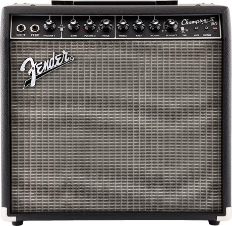 The image shows a Fender Champion 50 guitar combo amplifier with a black tolex exterior and silver grille cloth. The control panel features input and footswitch jacks, knobs for Volume, Gain, Voice, Treble, Bass, Modify, FX Select, Tap, auxiliary input, headphone output, and a power switch. This versatile 50-watt amp offers multiple voicings and built-in effects, ideal for practice and small performances.