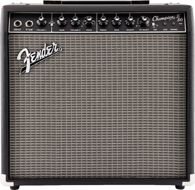 The image shows a Fender Champion 50 guitar combo amplifier with a black tolex exterior and silver grille cloth. The control panel features input and footswitch jacks, knobs for Volume, Gain, Voice, Treble, Bass, Modify, FX Select, Tap, auxiliary input, headphone output, and a power switch. This versatile 50-watt amp offers multiple voicings and built-in effects, ideal for practice and small performances.