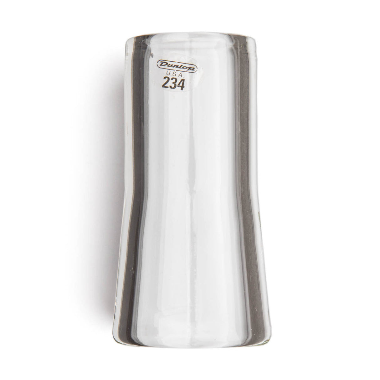 A clear glass flare guitar slide with Dunlop branding on a white background
