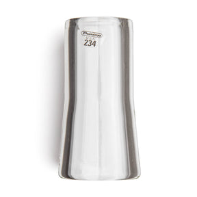 A clear glass flare guitar slide with Dunlop branding on a white background