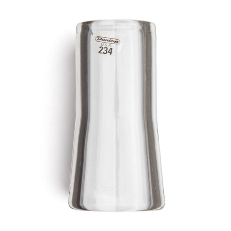 A clear glass flare guitar slide with Dunlop branding on a white background