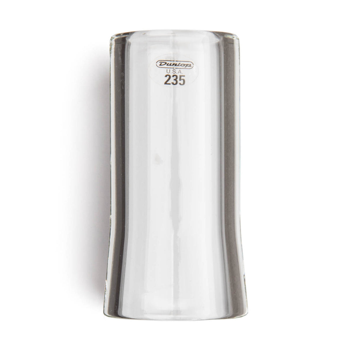 A clear glass flare guitar slide with Dunlop branding on a white background