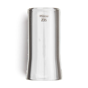 A clear glass flare guitar slide with Dunlop branding on a white background