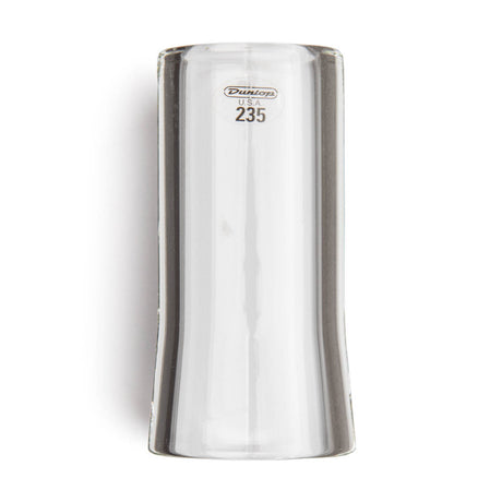 A clear glass flare guitar slide with Dunlop branding on a white background