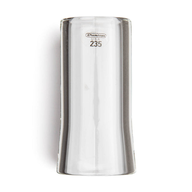A clear glass flare guitar slide with Dunlop branding on a white background