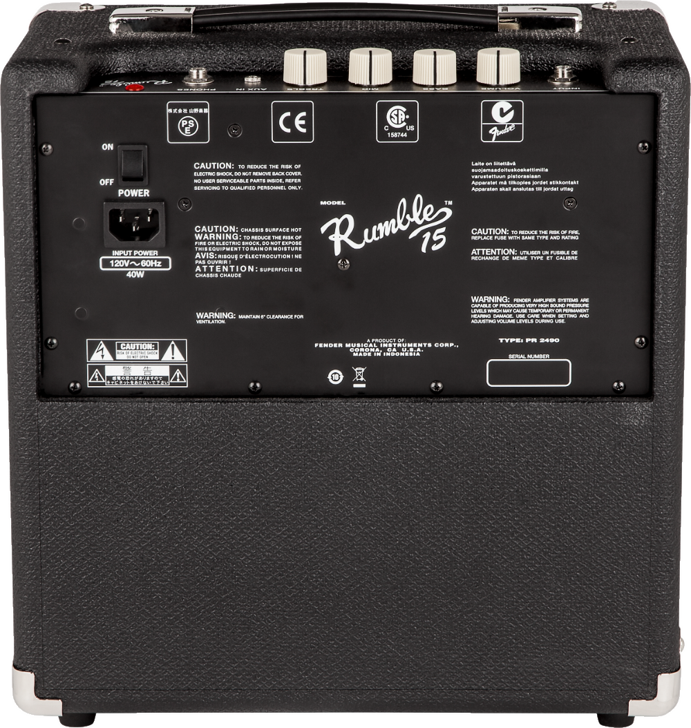 The image shows the back panel of a Fender Rumble 15 bass amplifier, a compact 15W practice amp. Visible features include the Fender Rumble branding, power switch, IEC power input, carry handle, four cream-colored control knobs, safety labels, model PR 2490, and serial number area. The black textured cabinet has corner protectors, reflecting Fender’s durable design ideal for home practice and small gigs.