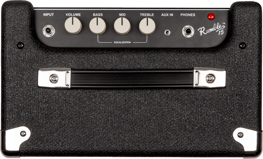 The image shows a Fender Rumble 15 bass amplifier with a black textured finish, chrome corners, and a front handle. Its control panel features an INPUT jack, four knobs (VOLUME, BASS, MID, TREBLE) grouped under EQUALIZATION, AUX IN, PHONES jack, and a red power LED. This compact 15-watt amp is designed for practice and small gigs, offering essential tone controls in a portable, user-friendly layout.