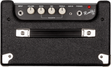 The image shows a Fender Rumble 15 bass amplifier with a black textured finish, chrome corners, and a front handle. Its control panel features an INPUT jack, four knobs (VOLUME, BASS, MID, TREBLE) grouped under EQUALIZATION, AUX IN, PHONES jack, and a red power LED. This compact 15-watt amp is designed for practice and small gigs, offering essential tone controls in a portable, user-friendly layout.