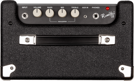 The image shows a Fender Rumble 15 bass amplifier with a black textured finish, chrome corners, and a front handle. Its control panel features an INPUT jack, four knobs (VOLUME, BASS, MID, TREBLE) grouped under EQUALIZATION, AUX IN, PHONES jack, and a red power LED. This compact 15-watt amp is designed for practice and small gigs, offering essential tone controls in a portable, user-friendly layout.