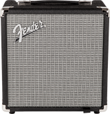 The image shows a compact Fender guitar amplifier with a black vinyl exterior, silver grille cloth, chrome corner protectors, and a leather-style handle. The silver Fender script logo is prominently displayed on the front. This portable amp, typical for practice or small venues, is known for quality sound and durability, making it a popular choice among electric guitar players.