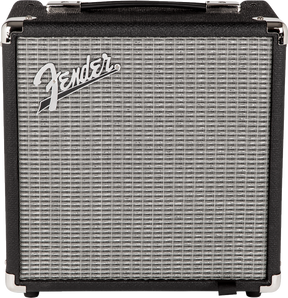 The image shows a compact Fender guitar amplifier with a black vinyl exterior, silver grille cloth, chrome corner protectors, and a leather-style handle. The silver Fender script logo is prominently displayed on the front. This portable amp, typical for practice or small venues, is known for quality sound and durability, making it a popular choice among electric guitar players.