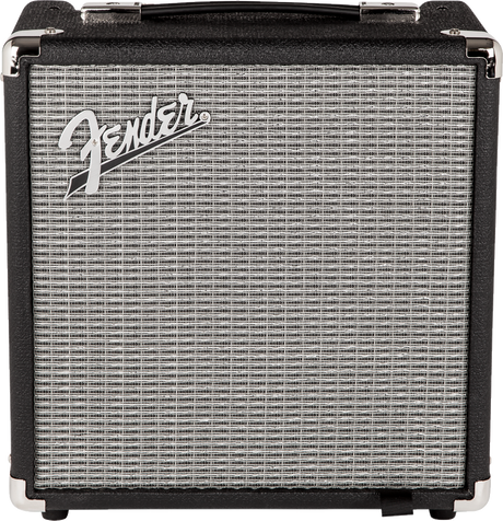 The image shows a compact Fender guitar amplifier with a black vinyl exterior, silver grille cloth, chrome corner protectors, and a leather-style handle. The silver Fender script logo is prominently displayed on the front. This portable amp, typical for practice or small venues, is known for quality sound and durability, making it a popular choice among electric guitar players.