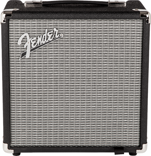The image shows a compact Fender guitar amplifier with a black vinyl exterior, silver grille cloth, chrome corner protectors, and a leather-style handle. The silver Fender script logo is prominently displayed on the front. This portable amp, typical for practice or small venues, is known for quality sound and durability, making it a popular choice among electric guitar players.