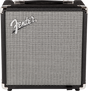 The image shows a compact Fender guitar amplifier with a black vinyl exterior, silver grille cloth, chrome corner protectors, and a leather-style handle. The silver Fender script logo is prominently displayed on the front. This portable amp, typical for practice or small venues, is known for quality sound and durability, making it a popular choice among electric guitar players.