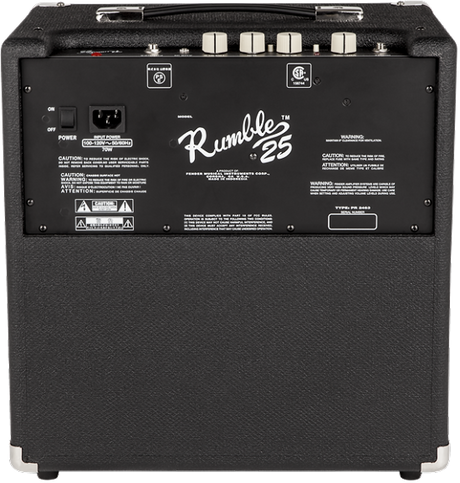 The image shows a Fender Rumble 25 bass combo amplifier with a compact black cabinet and classic Fender design. It features "Rumble 25" branding, top panel control knobs, metal corner protectors, and rear input/output connections. This 25-watt amp is ideal for bass guitar practice and small venues, known for being affordable and reliable for beginners and experienced players.